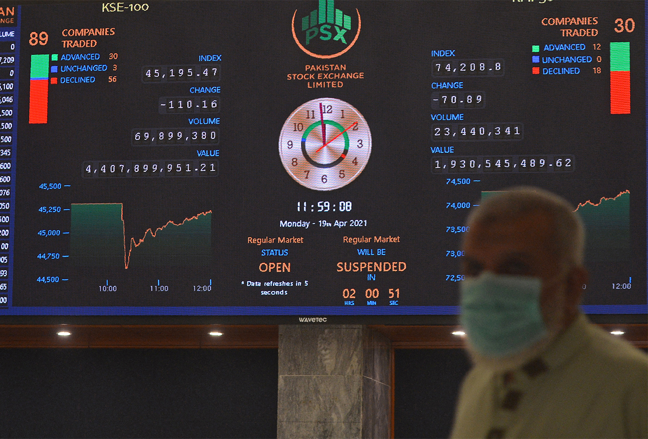 A stockbroker watches the latest share prices during a trading session at the Pakistan Stock Exchange (PSX) in Karachi, Pakistan, on April 19, 2021. (AFP/File)