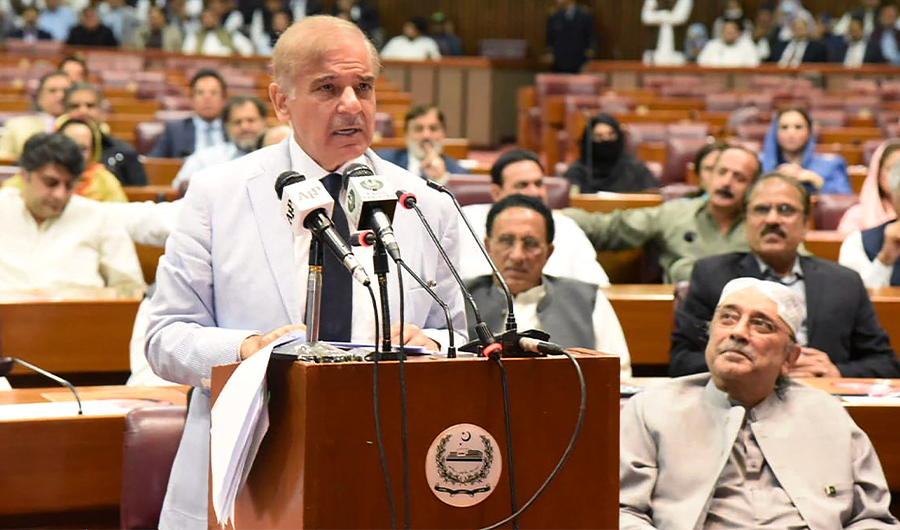 This handout photograph released by PID on April 11, 2022 shows Pakistan's newly elected Prime Minister Shehbaz Sharif addressing the National Assembly in Islamabad. (AFP)