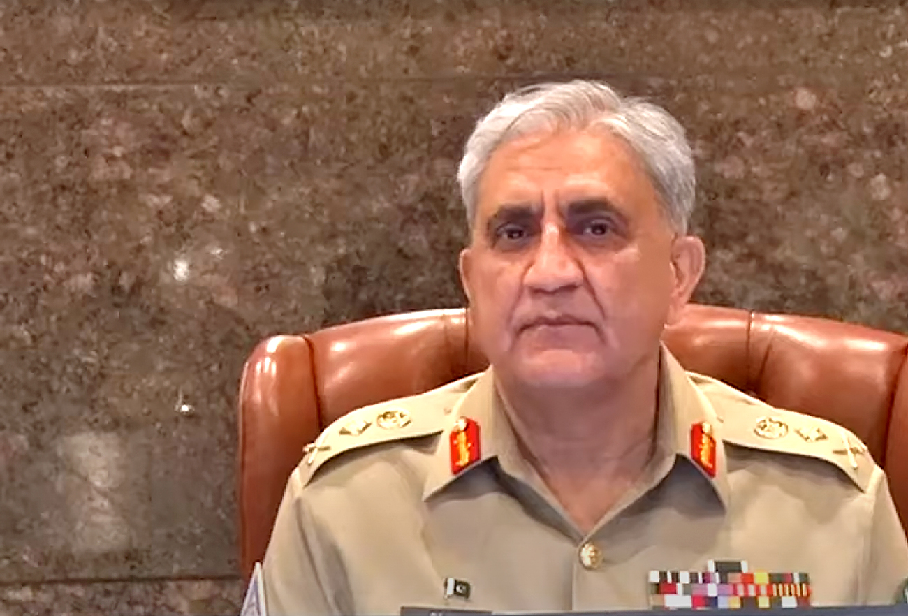 An image taken from the video shared by Pakistan army on April 12, 2022 shows Pakistan's Army Chief attending a conference of the army’s formation commanders in Rawalpindi. (ISPR)