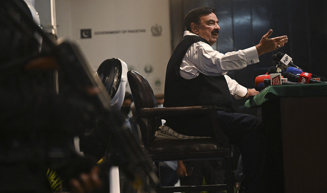 Pakistan Interior Minister Sheikh Rashid Ahmed speaks during a press conference in Islamabad on September 17, 2021. (AFP/File)