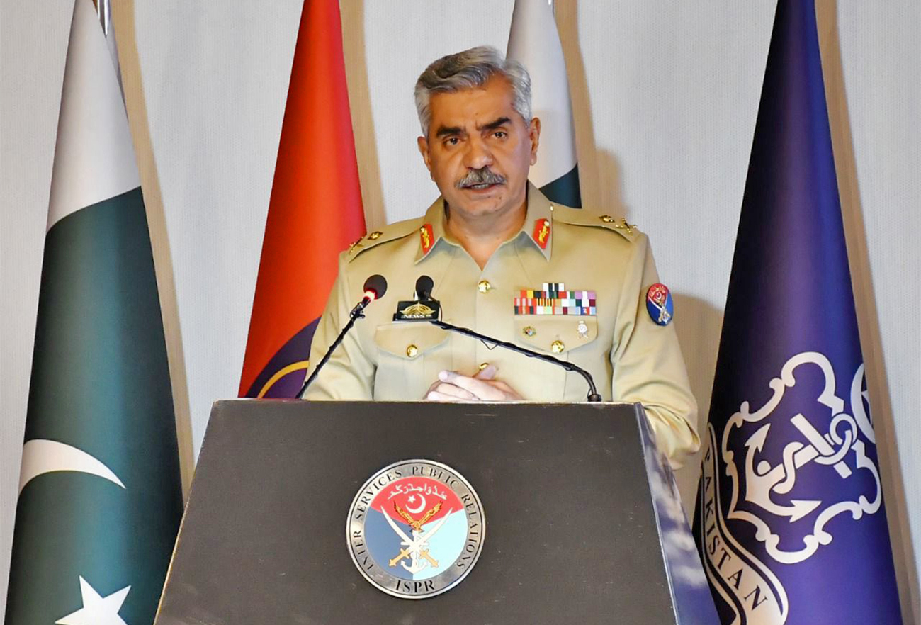 Pakistan’s military spokesperson Major General Babar Iftikhar is addressing journalists during a press briefing in Islamabad, Pakistan, on April 13, 2022. (ISPR)