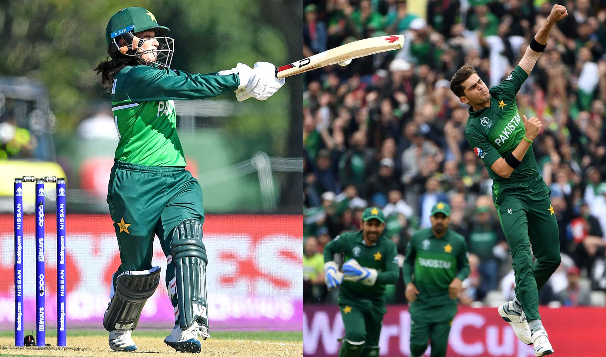The combination of photos show Pakistani cricketers Sidra Ameen, left, and Shaheen Shah Afridi, right. (AFP/File)