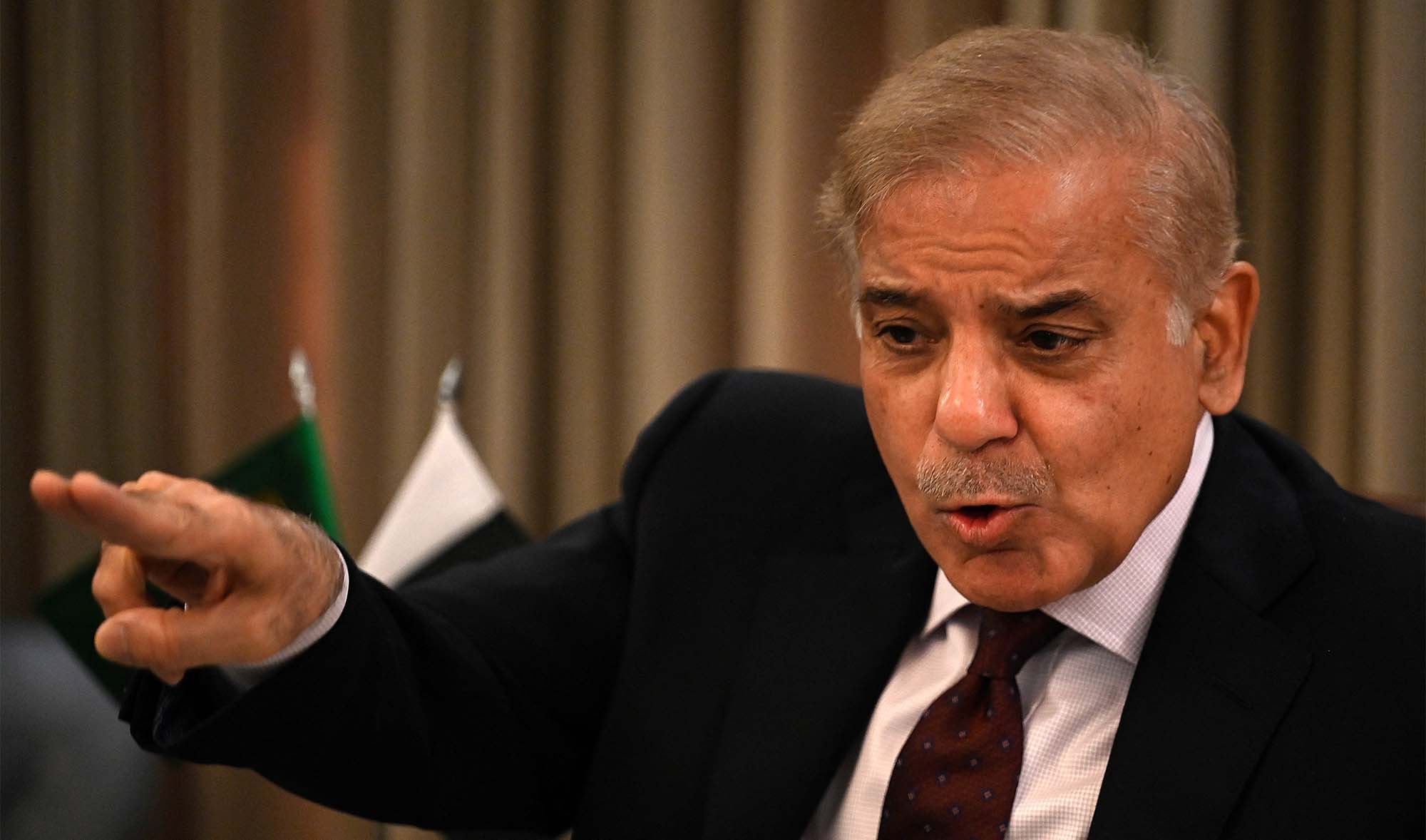 Pakistan Prime Minister Shehbaz Sharif speaks during a news conference in Islamabad on April 1, 2022. (AFP/File)