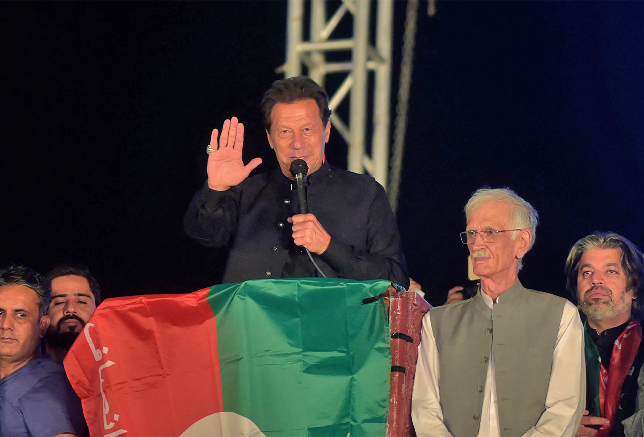 Ousted Pakistan's prime minister Imran Khan delivers a speech to Pakistan Tehreek-e-Insaf (PTI) party's supporters during a public rally in Peshawar on April 13, 2022. (AFP)