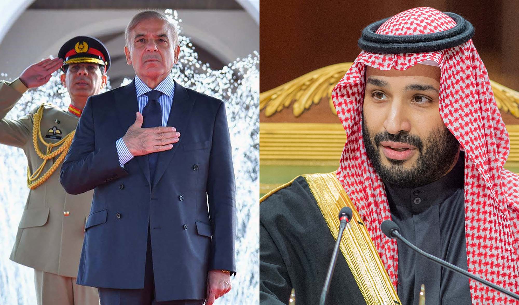 The combination of photos shows Pakistan Prime Minister Shehbaz Sharif, center, and Saudi Arabia's Crown Prince Mohammed bin Salman, right. (AFP photos)