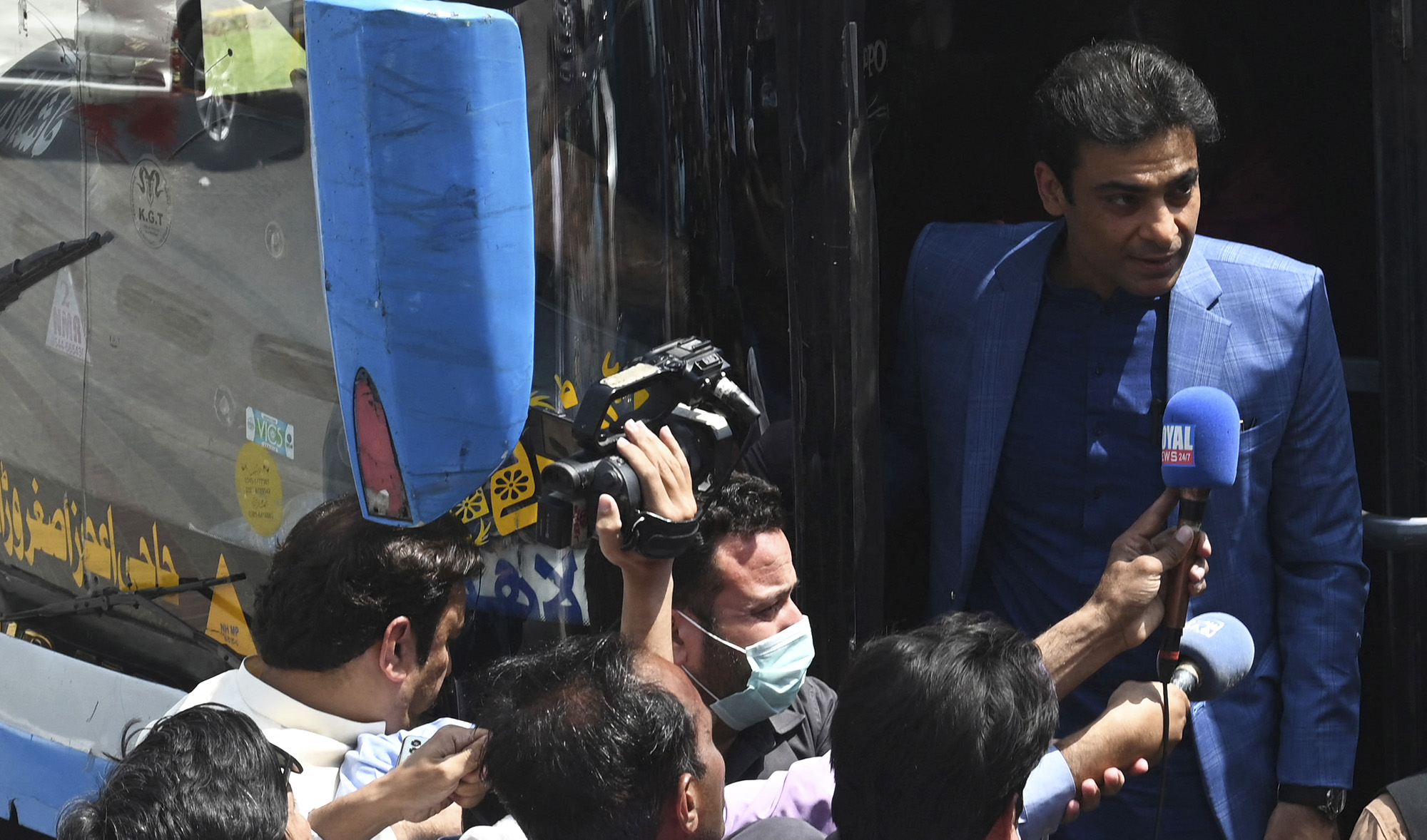 Hamza Shehbaz, son of Pakistan Prime Minister Shahbaz Sharif, arrives at the provincial assembly before his election as Chief Minister of Punjab in Lahore on April 16, 2022. (AFP)