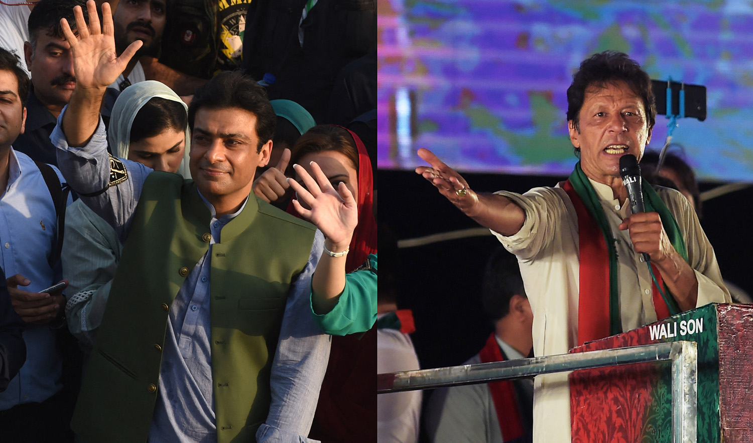 The combination of photos shows Pakistan's former prime minister Imran Khan, right, and chief minister-elect of country's Punjab province, Hamza Shehbaz. (Photos by AFP/File)