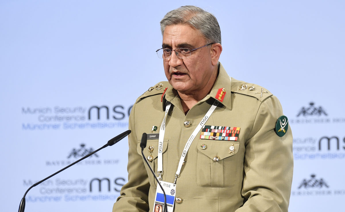 In this file photo, Pakistan’s Chief of Army Staff Qamar Javed Bajwa gives his speech on day two of the 54th Munich Security Conference (MSC) in Munich, on February 17, 2018. (AFP/File)