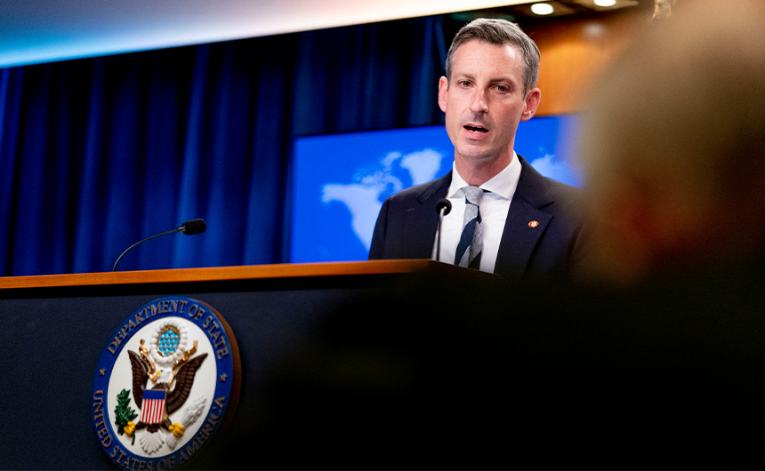 State Department spokesman Ned Price speaks during a news conference at the State Department in Washington, February 28, 2022. (AFP/FILE)