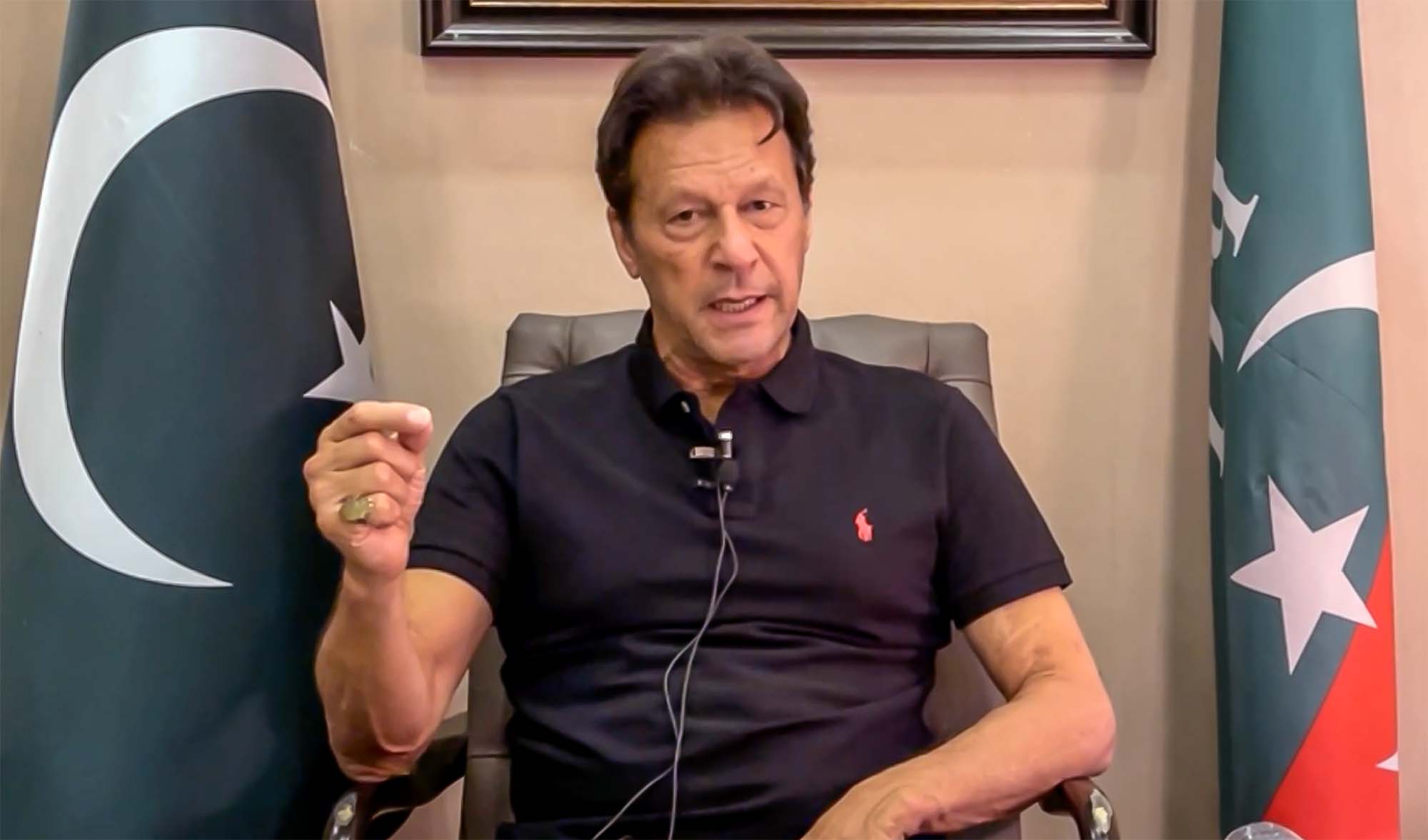 Pakistan Tehreek-e-Insaf (PTI) party chairman Imran Khan speaks during a Twitter Space session from his office in Islamabad, Pakistan, on April 20, 2022. (Photo courtesy: @ImranKhanOfficial/Facebook)