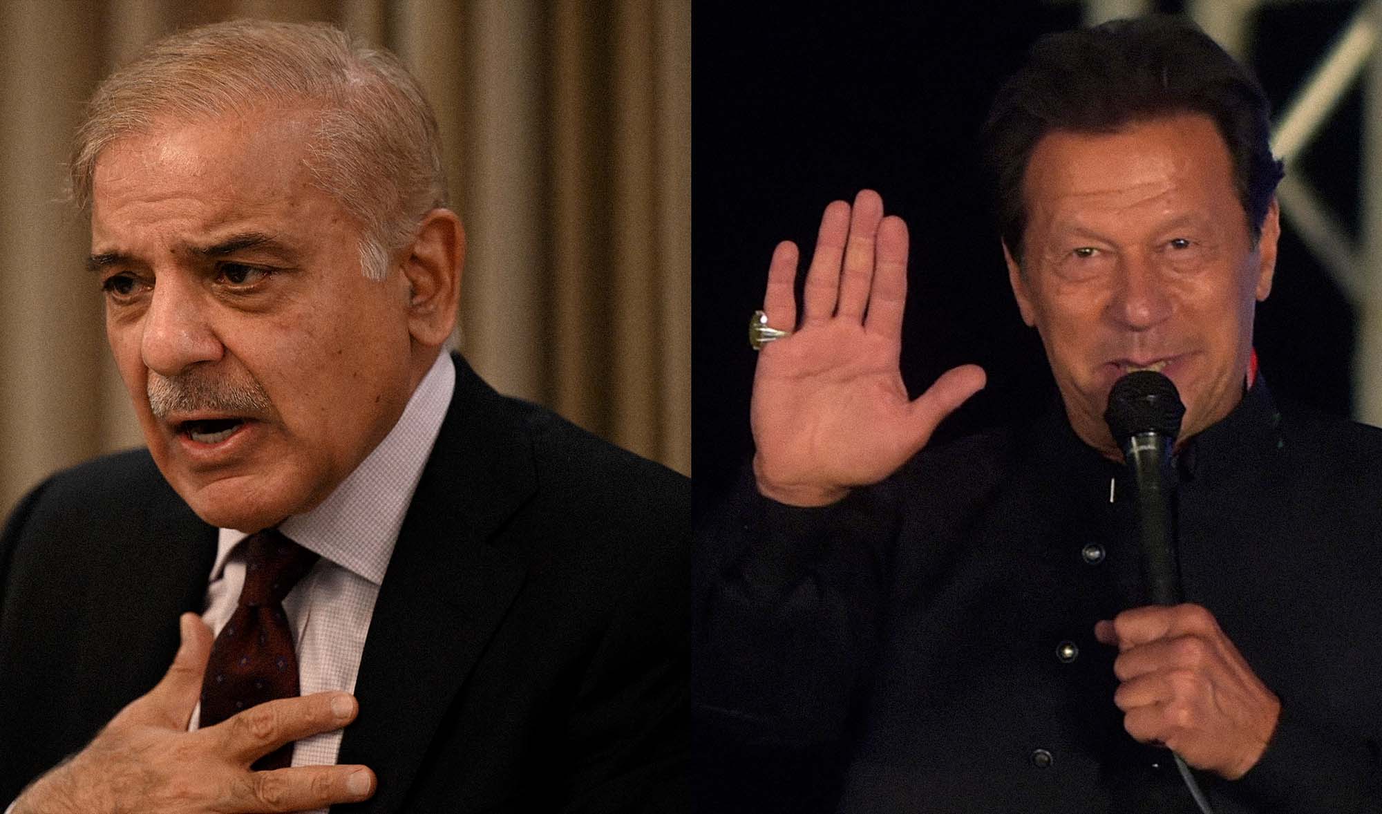 The combination of photos shows Pakistan Prime Minister Shehbaz Sharif, left, and ex-premier Imran Khan. (AFP photos/File)