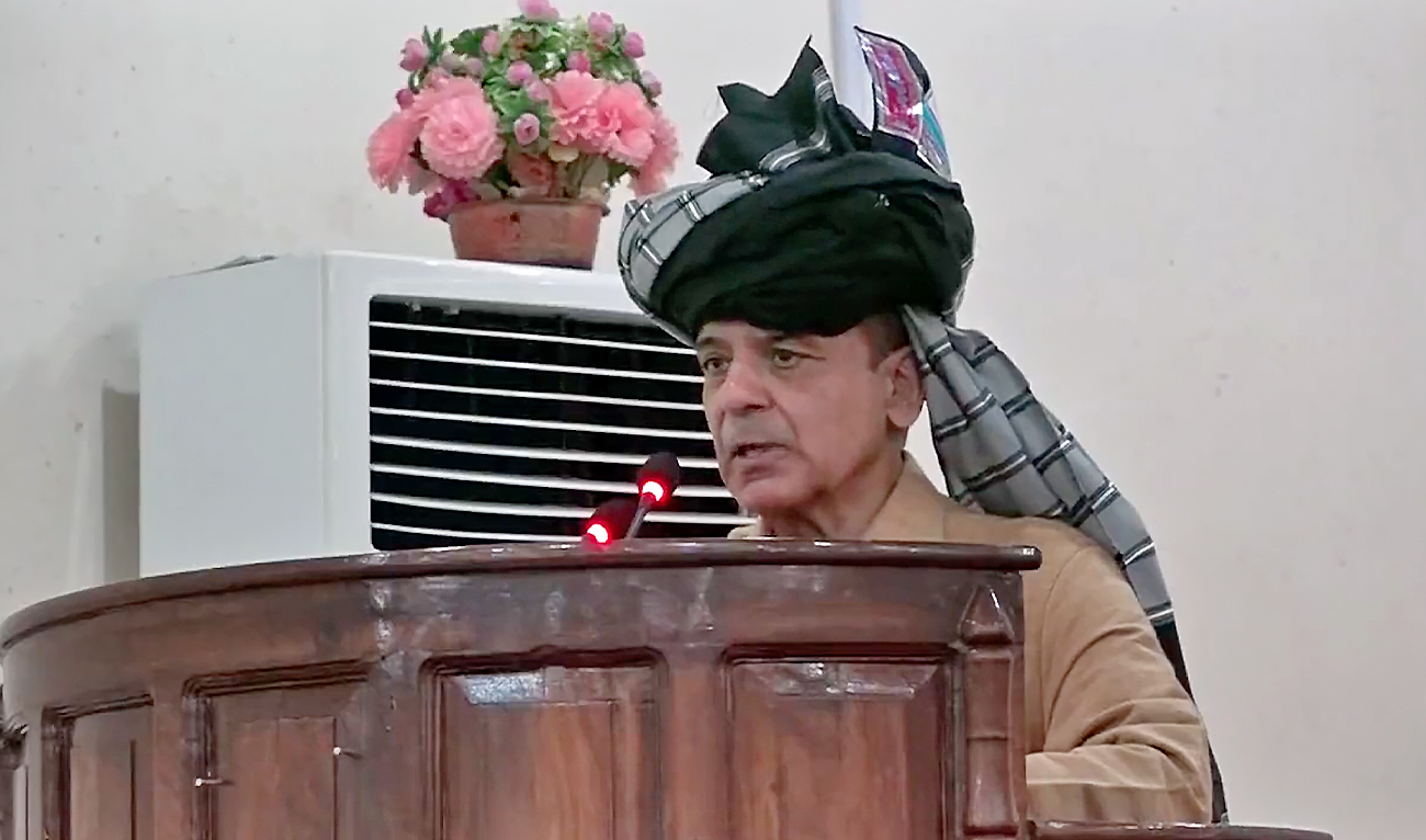 Pakistan's Prime Minister Shehbaz Sharif addresses a gathering in North Waziristan on April 21, 2022. (Screengrab from a video shared by PM Office)