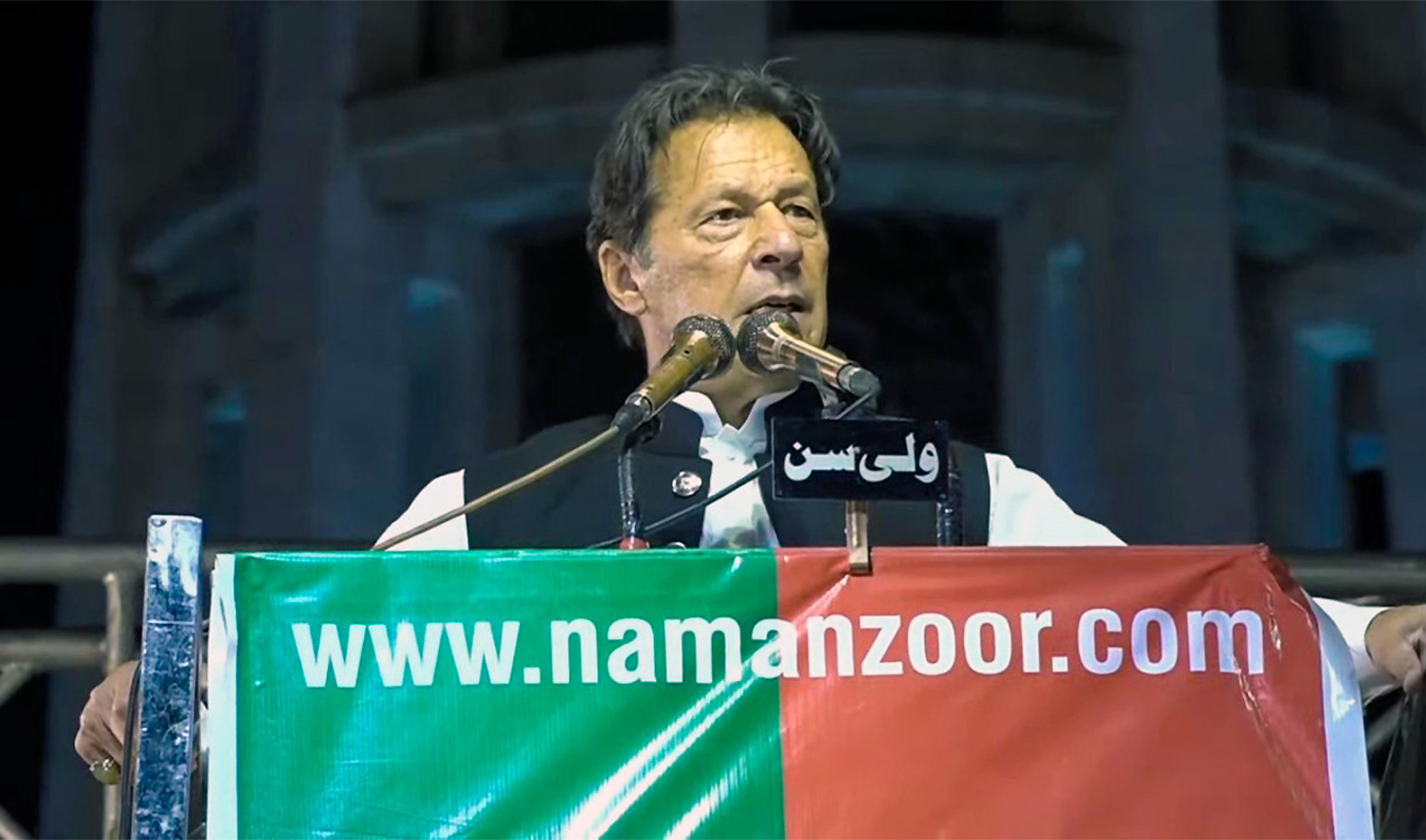 Chairman Pakistan Tehreek-e-Insaf (PTI) Imran Khan addresses a political rally in Lahore, Pakistan, on April 21, 2022. (Screengrab from the video shared by PTI)
