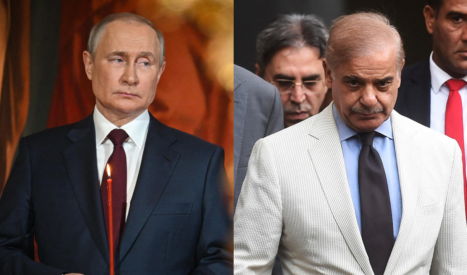 The combination of photos show Russian President Vladimir Putin, left, and Pakistani Prime Minister Shehbaz Sharif. (AFP photos/File)