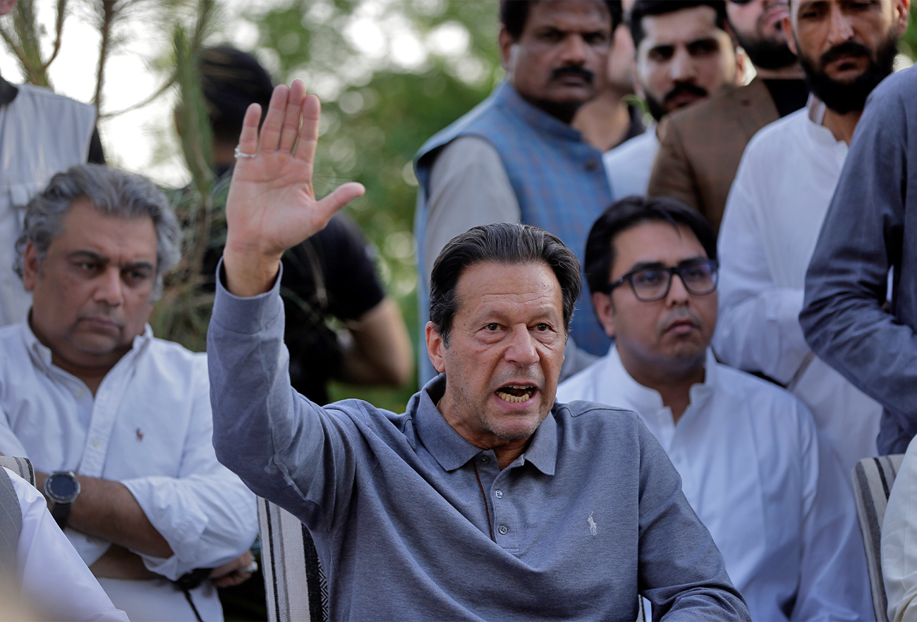 Former Pakistan's prime minister Imran Khan speaks during a news conference in Islamabad, on April 23, 2022. (AP)