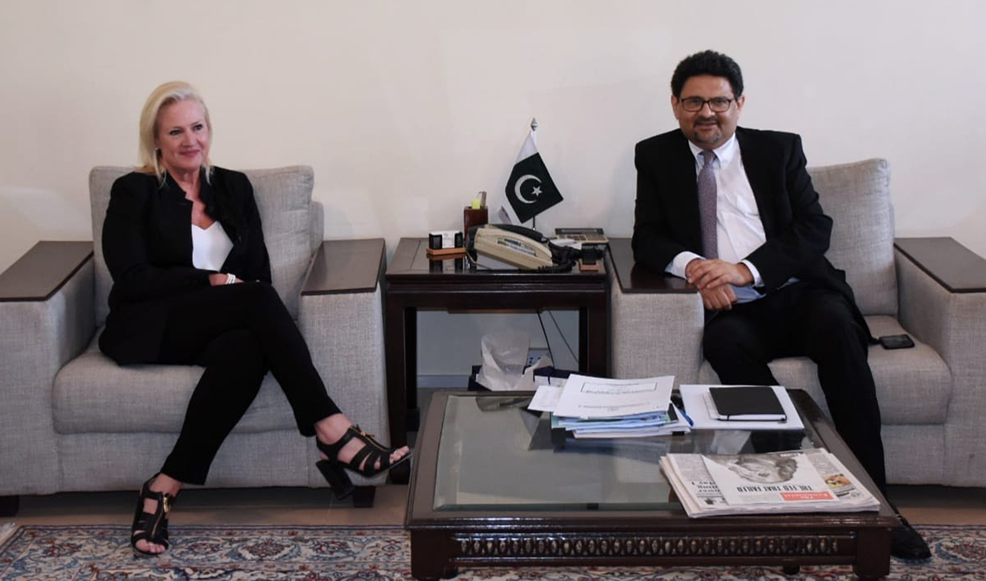 US Charge d’ Affaires Angela P. Aggeler, left, calls on Pakistan’s finance minister Miftah Ismail in Islamabad on April 28, 2022. (Photo courtesy: Times of Islamabad)