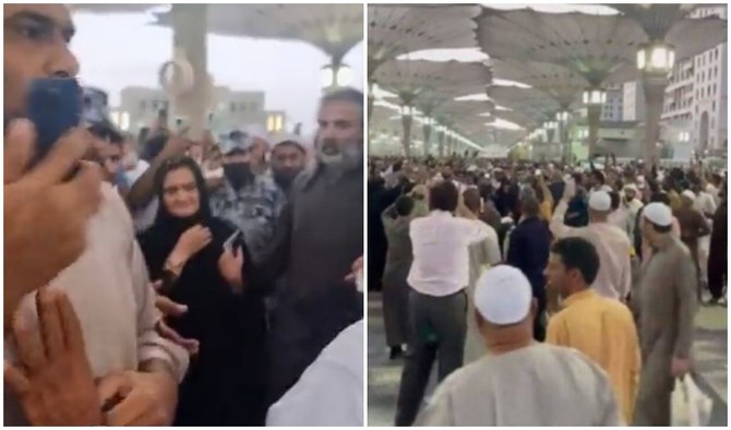 The images taken from the video posted on social media shows people sloganeering against Information Minister Marriyum Aurangzeb and Minister for Narcotics Control Shahzain Bugti at the Prophet’s Mosque in Madinah, Saudi Arabia, on April 28, 2022. (Screengrab)