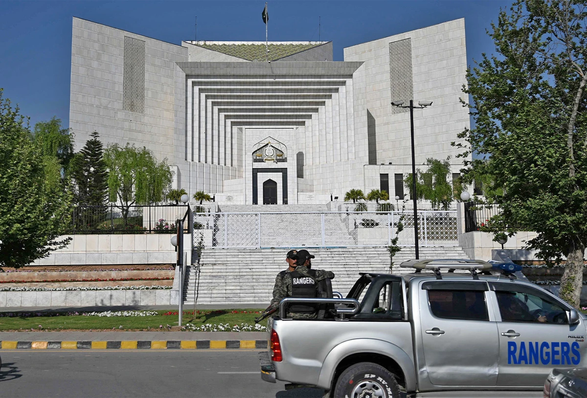 Rangers patrolalong a street past Pakistan's Supreme Court in Islamabad on April 5, 2022. (AFP)