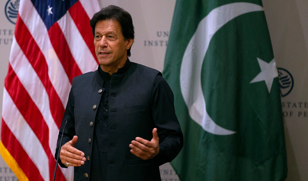 Pakistan's former Prime Minister Imran Khan speaks at the United States Institute of Peace (USIP) in Washington DC, on July 23, 2019. (AFP/File)