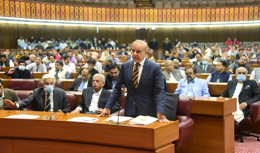 Pakistan Muslim League Nawaz leader Shahbaz Sharif (R) addressing the national assembly in Islamabad on April 9, 2022. (Photo courtesy: @NAofPakistan/Twitter)