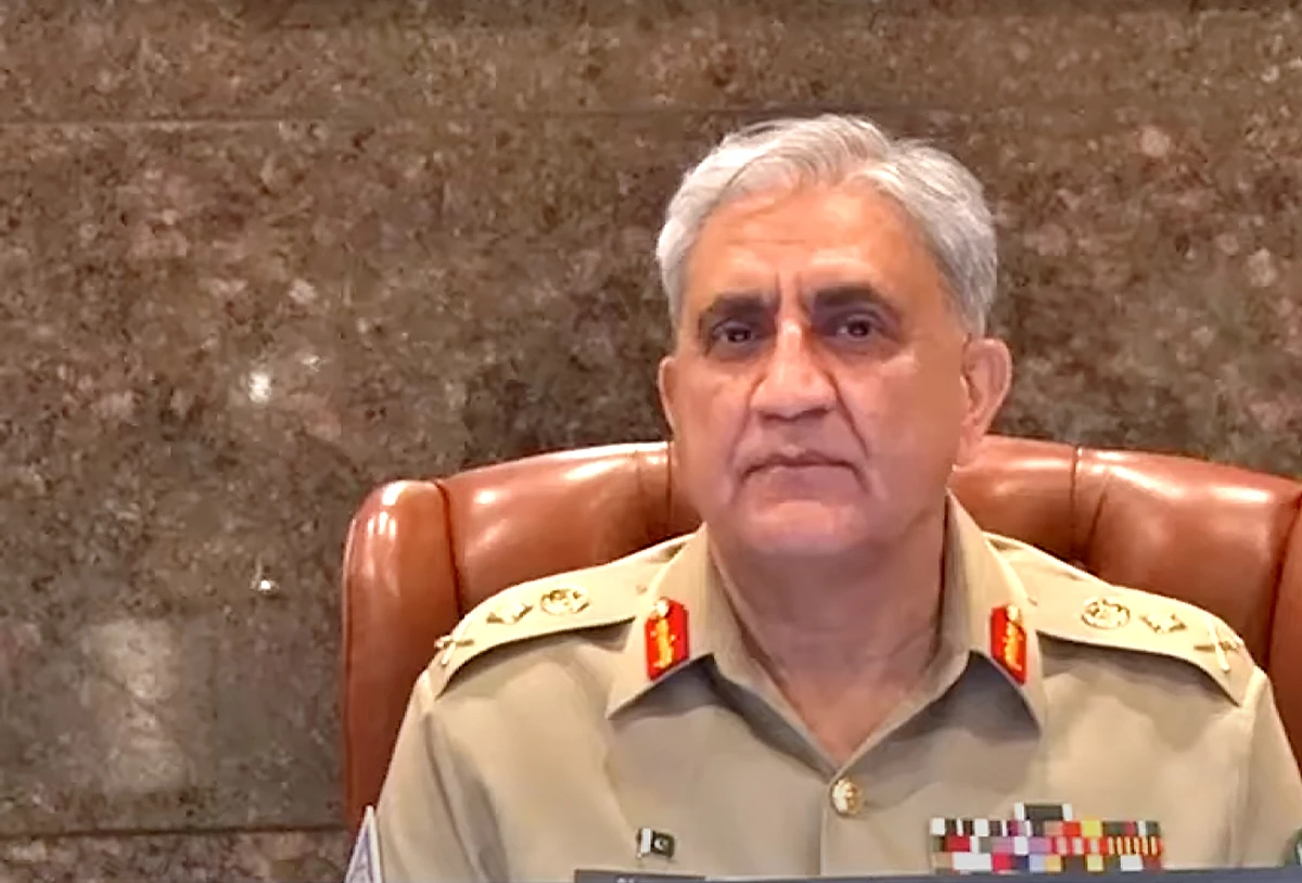 An image taken from the video shared by Pakistan army on April 12, 2022 shows Pakistan's Army Chief attending a conference of the army’s formation commanders in Rawalpindi. (ISPR)