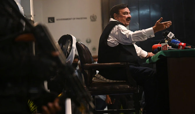 Pakistan Interior Minister Sheikh Rashid Ahmed speaks during a press conference in Islamabad on September 17, 2021. (AFP/File)