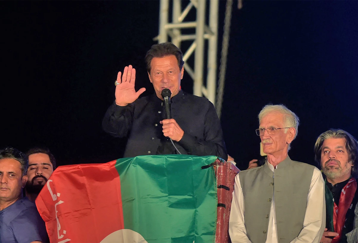 Ousted Pakistan's prime minister Imran Khan delivers a speech to Pakistan Tehreek-e-Insaf (PTI) party's supporters during a public rally in Peshawar on April 13, 2022. (AFP)