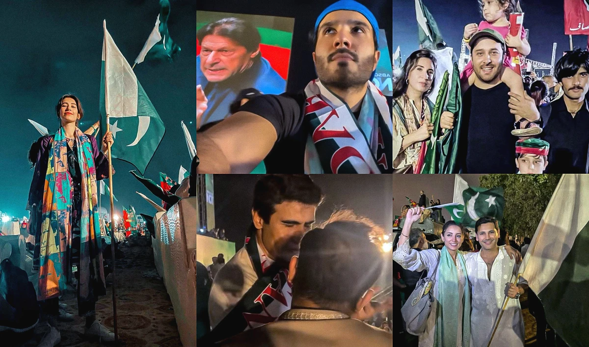 The combination of photos shows Pakistani celebrities taking part in a rally by Pakistan Tehreek-e-Insaf (PTI) party, led by former prime minister Imran Khan, in Karachi on April 16, 2022. (Photos collected from social media)