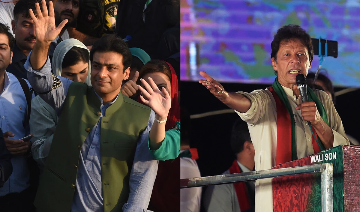 The combination of photos shows Pakistan's former prime minister Imran Khan, right, and chief minister-elect of country's Punjab province, Hamza Shehbaz. (Photos by AFP/File)