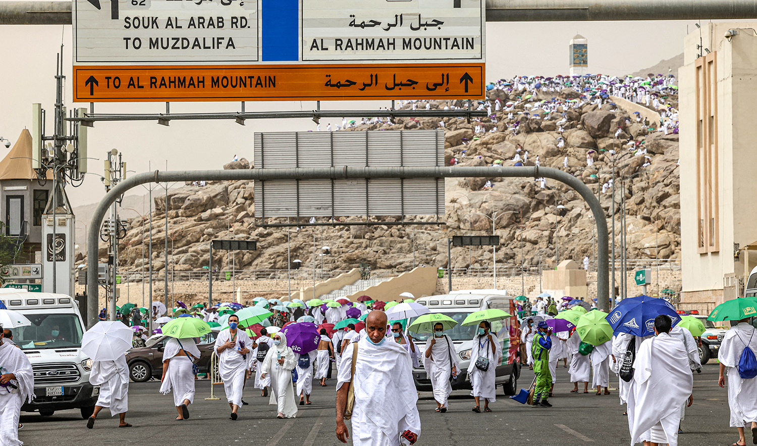 Hajj pilgrims gather around Mount Arafat, also known as Jabal al-Rahma (Mount of Mercy), in Makkah, Saudi Arabia on July 19, 2021. (AFP/File)