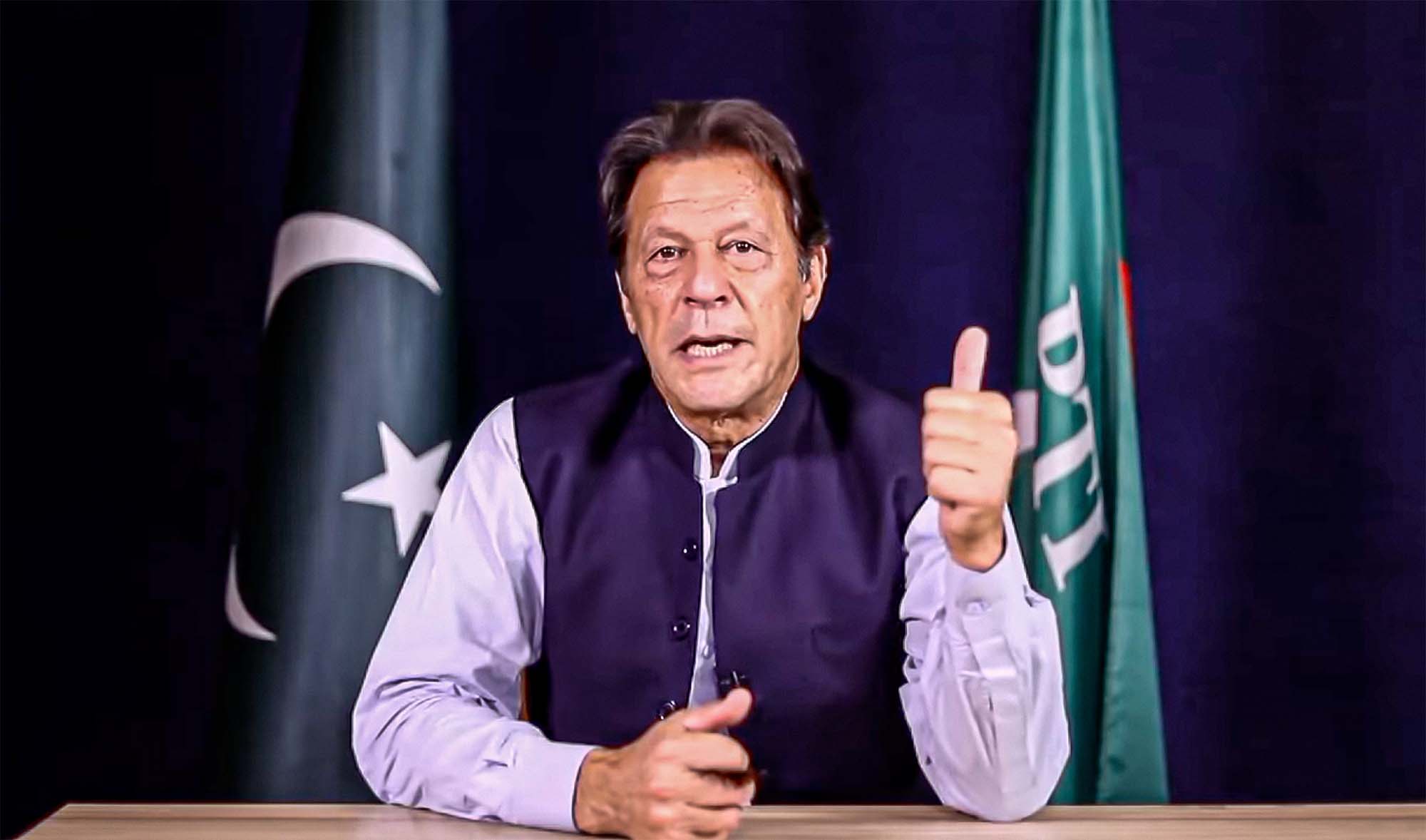 Screen grab taken from Chairman Pakistan Tehreek-e-Insaf (PTI) Imran Khan's virtual speech on May 7, 2022. (Photo courtesy: ImranKhanOfficial/Facebook)