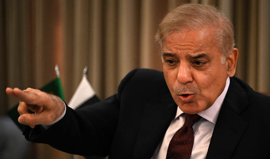 Pakistani Prime Minister Shehbaz Sharif speaks during a news conference in Islamabad on April 1, 2022. (AFP)