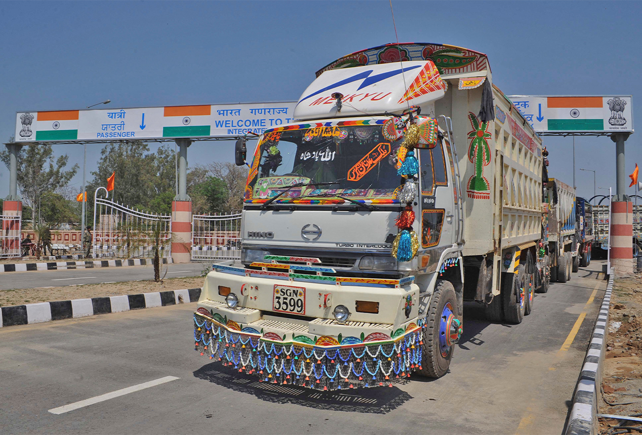 A Pakistani truck, pictured after transporting a shipment of goods, drives through Integrated Checkpost at the India-Pakistan border in Wagah on April 12,2012. (AFP/File)