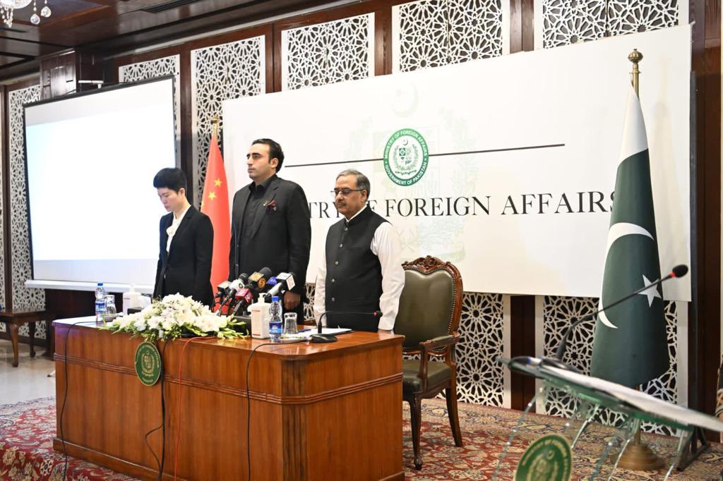 Pakistan’s Foreign Minister Bilawal Bhutto-Zardari (C) attends the a memorial service to honor the Chinese victims of Karachi attack in Islamabad on May 14, 2022. (@MediaCellPPP/ Twitter)