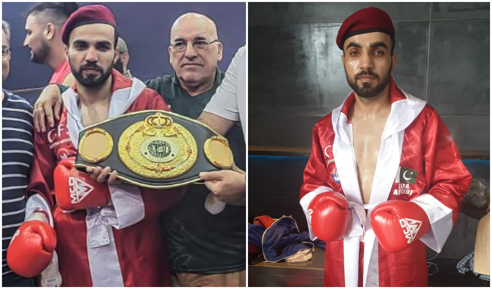 Shahir Afridi, officer from Sindh Police, wins the Asian Boxing Federation’s title in the middleweight category in Bangkok, Thailand, May 14, 2022. (Photo courtesy: Sindh Police)