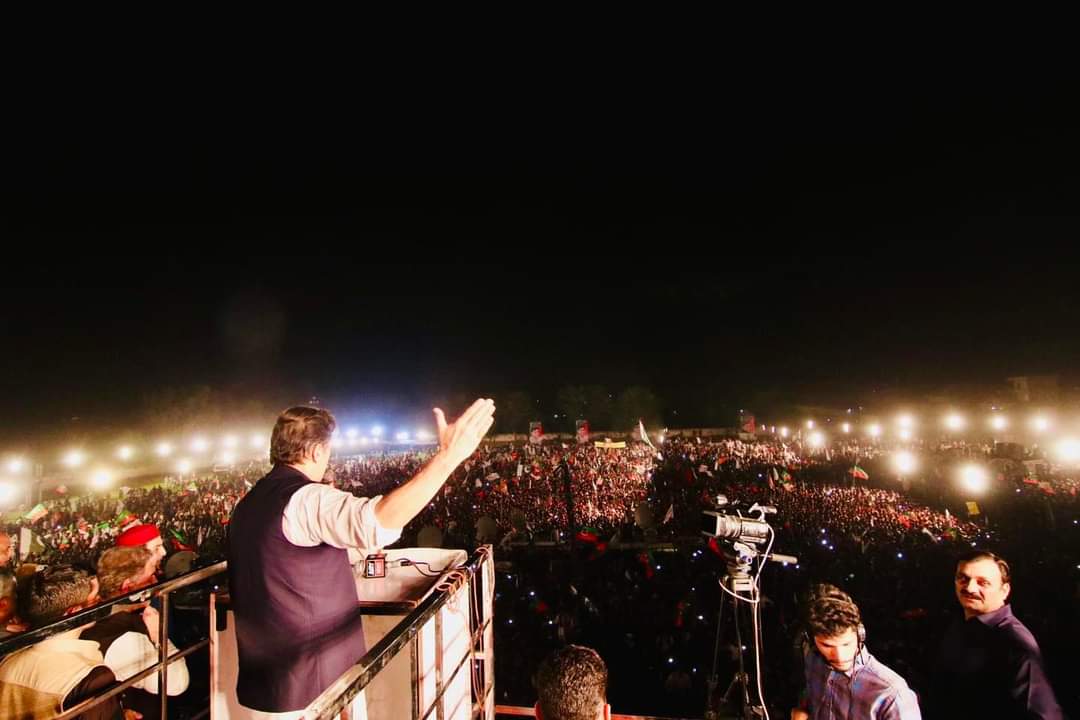 Ousted Pakistan's prime minister Imran Khan delivers a speech to Pakistan Tehreek-e-Insaf (PTI) party's supporters during a public rally in Sialkot, Pakistan, on May 14, 2022. (Social Media)