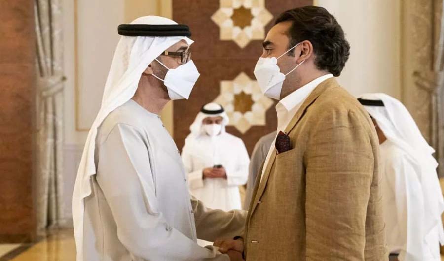 Pakistan's foreign minister Bilawal Bhutto Zardari meet UAE's President Sheikh Mohammed bin Zayed Al-Nahyan at Mushref Palace in Abu Dhabi on May 16, 2022. (@uaeembassyisb/Twitter)