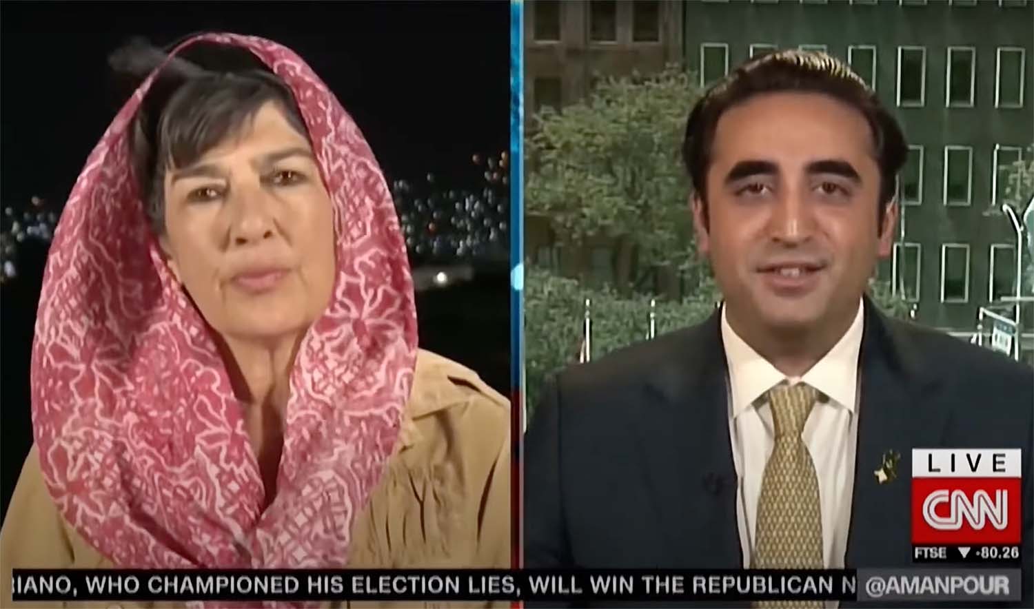 The screen grab taken from CNN International's flagship global affairs interview program, Amanpour, featuring host Christine Amanpour, left, and Pakistan's Foreign Minister Bilawal Bhutto-Zardari. (Photo courtesy: CNN)