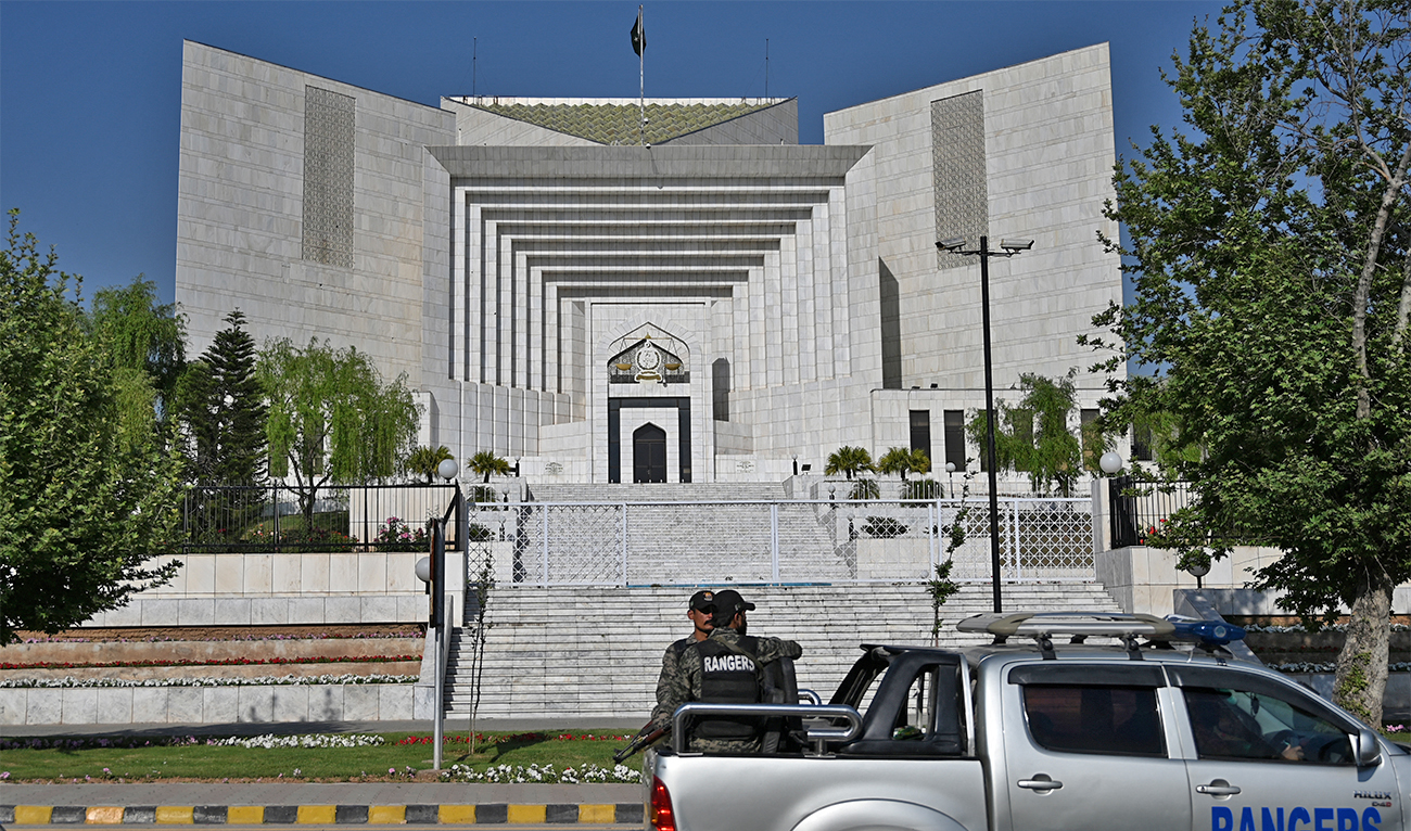 Rangers patrol along a street past Pakistan's Supreme Court in Islamabad, Pakistan, on April 5, 2022. (AFP/File)