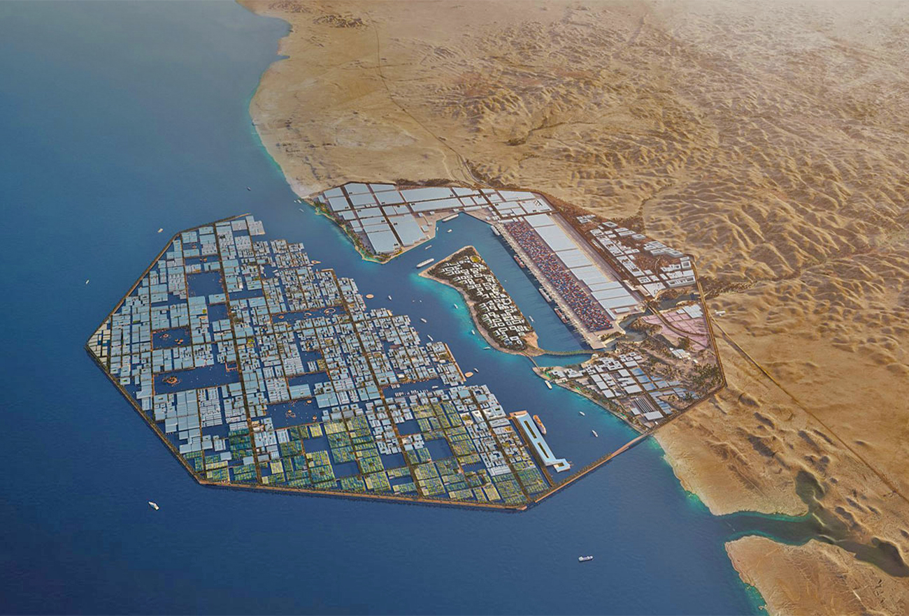 The image shows a proposed construction called Oxagon, a port which will anchor an industrial city, set to be placed on the edge of Saudi Arabia's newest region in the northwest - Neom. (Photo courtesy: NEOM website)