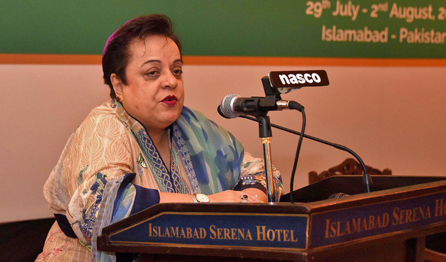 In this file photo, Shireen Mazari, a senior member of former prime minister Imran Khan’s Pakistan Tehreek-e-Insaf (PTI) party, addresses a ceremony in Islamabad, Pakistan, on July 31, 2019. (Photo courtesy: @NAofPakistan/Twitter)