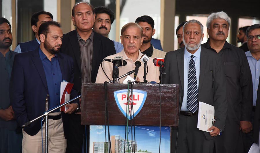 Pakistan's Prime Minister Shehbaz Sharif speaks to media in Lahore on May 22, 2022. (PID)