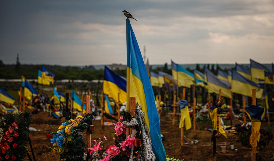 A photo taken on May 21, 2022 shows a bird alights on a Ukrainian flag in the military section of the Kharkiv cemetery number 18 in in Bezlioudivka, eastern Ukraine. (AFP)