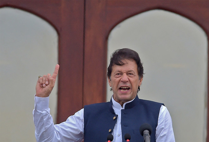 Pakistan's former Prime Minister Imran Khan addresses the nation outside the Prime Minister Secretariat building in Islamabad, Pakistan, on August 30, 2019. (AFP/File)