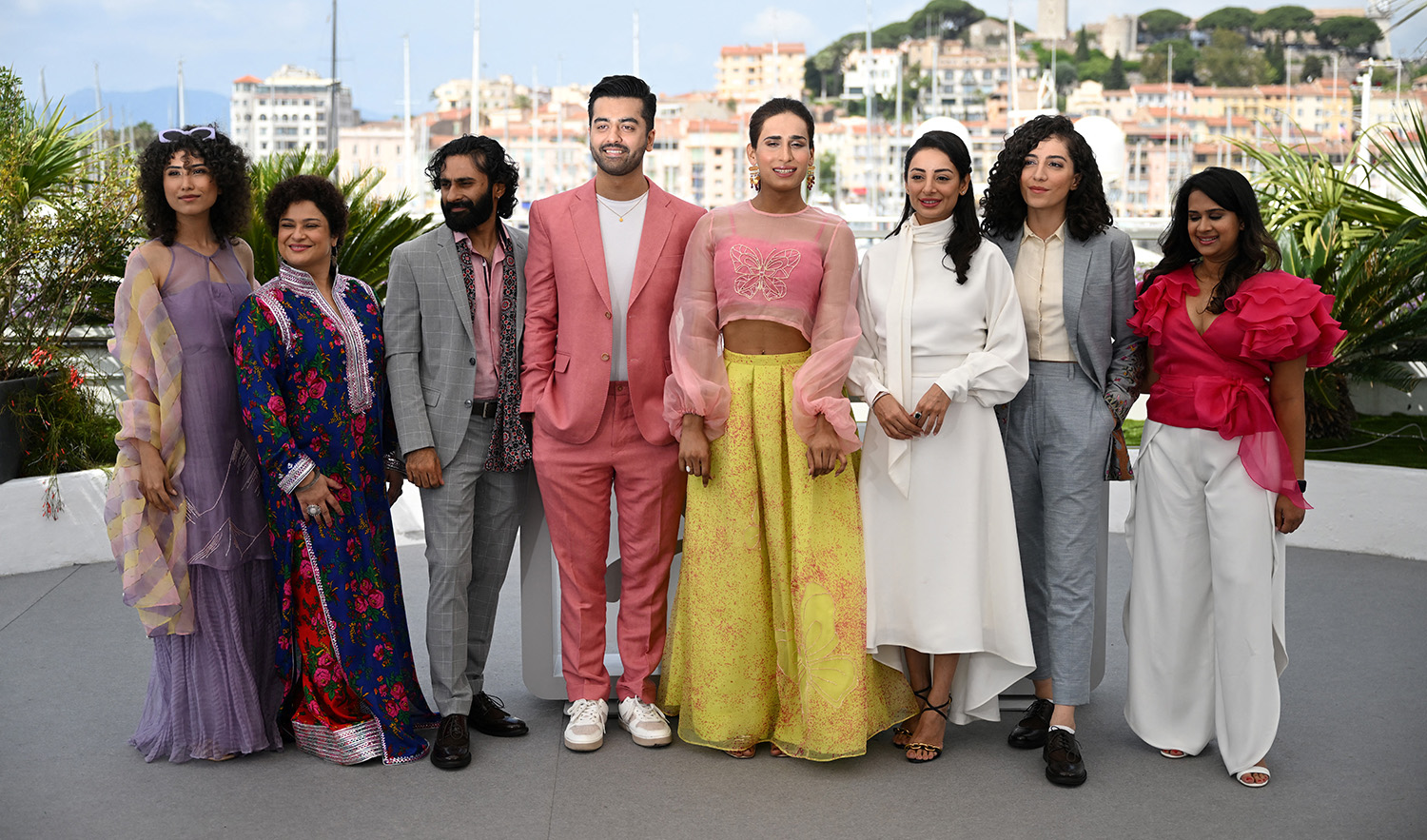 Cast and crew of Pakistani film "Joyland" at the 75th edition of the Cannes Film Festival in Cannes, southern France, on May 22, 2022. (AFP)