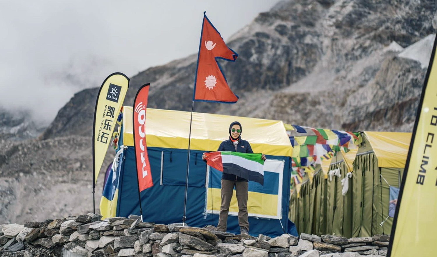 Nayla Nasir Albaloushi, the first Emirati woman who climbed Mt Everest, poses for a photograph at the base camp of Mount Everest, Nepal on May 5, 2022. (Courtesy: Nayla Nasir Albaloushi)