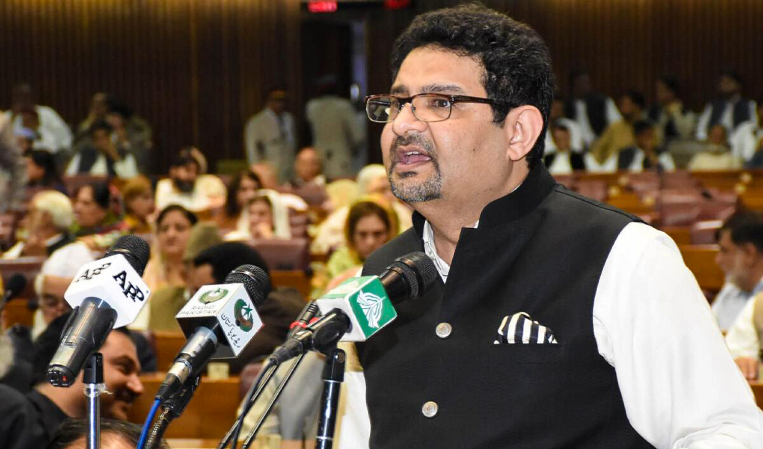 The undated photo shows Pakistan's finance minister Miftah Ismail addressing a National Assembly session in Islamabad. (Photo courtesy: social media)