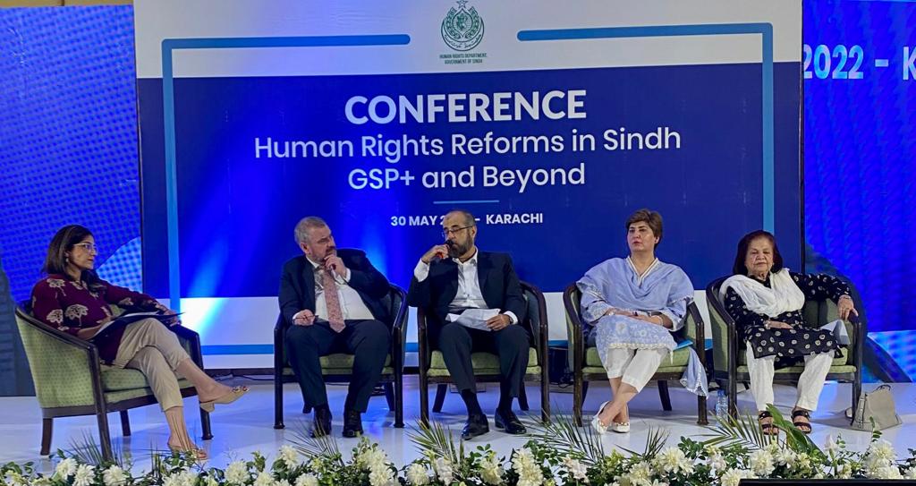 European Union Chargé d’Affaires Thomas in Pakistan Seiler (2nd from R) speaks about GSP+ in Karachi on May 30, 2022. (@EUPakistan/Twitter)