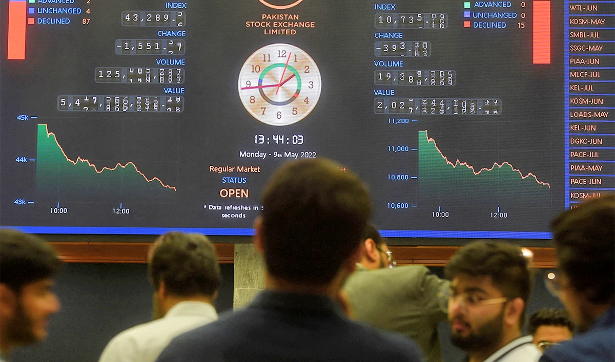Stockbrokers monitor the share prices during a trading session at the Pakistan Stock Exchange (PSX) in Karachi, Pakistan, on May 9, 2022. (AFP)