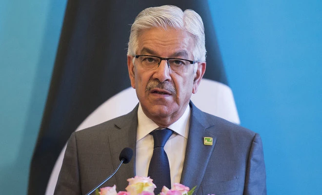 In this file photo, Pakistan's Defense Minister Khawaja Muhammad Asif speaks during a press conference in Beijing on Dec. 26, 2017. (AFP/FILE)